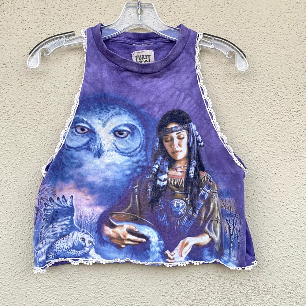FURST OF A KIND tie dye crop top owl Pocahontas purple boho muscle tee bespoke